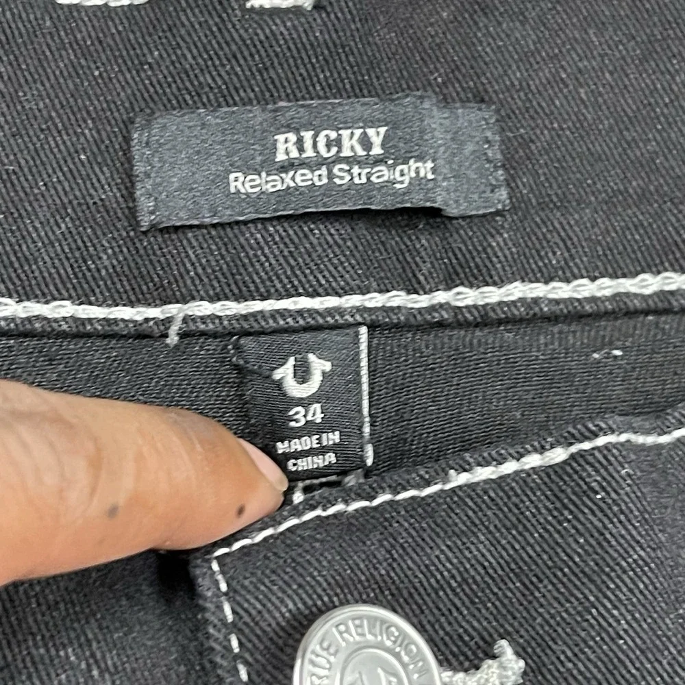 True Religion Ricky Relaxed Straight Shorts Men's 34 Black Denim Cutoff Stitch